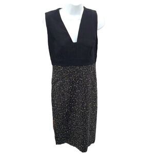 Narciso Rodriguez cocktail dress silk tan black v neck 42 Italy 6 EUC